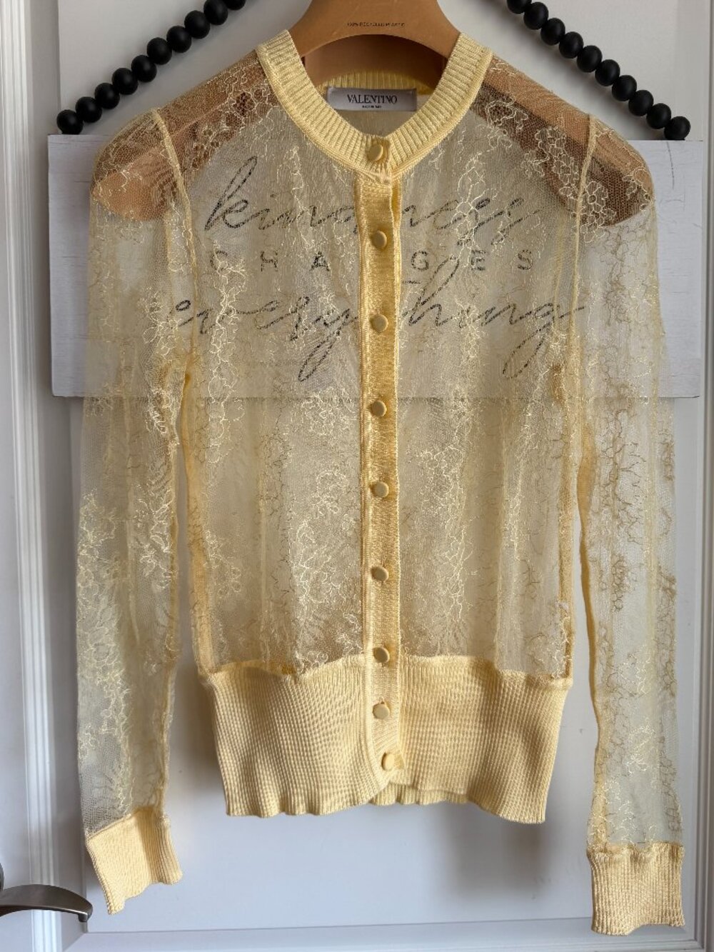 VALENTINO Yellow Floral Lace & Knit Trim Button Cardigan Sweater 40 Small 4 6